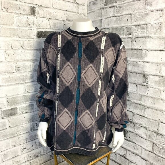 Vintage 3D Knit Sweater Grandpa Dad 90s Retro Textured Crewneck Pullover - Picture 1 of 9